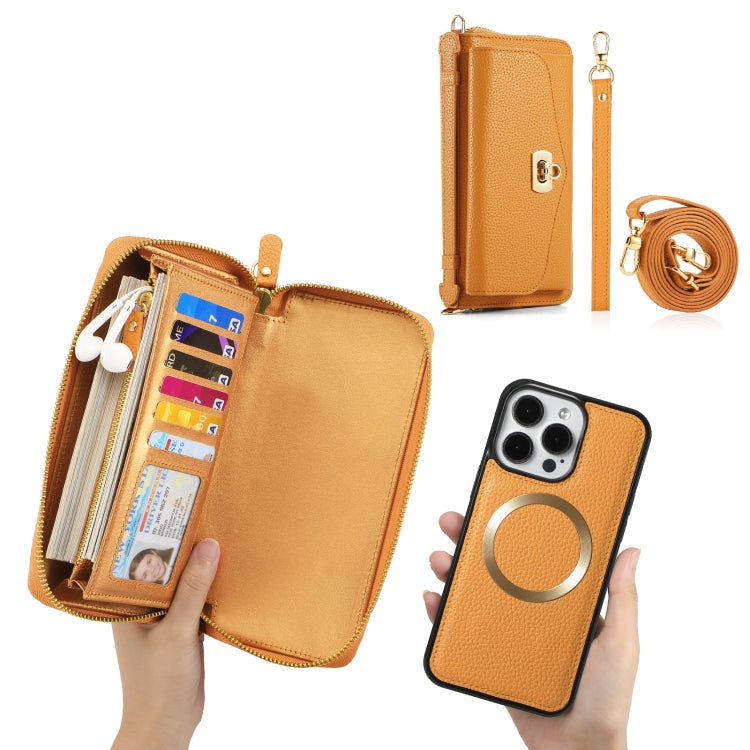For iPhone 15 Pro MagSafe Crossbody Multi-functional Zipper Wallet Litchi Leather Phone Case(Orange) by bashfashion