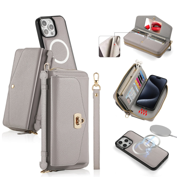 For iPhone 15 Pro MagSafe Crossbody Multi-functional Zipper Wallet Litchi Leather Phone Case(Grey) by bashfashion