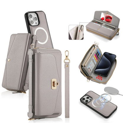 For iPhone 15 Pro MagSafe Crossbody Multi-functional Zipper Wallet Litchi Leather Phone Case(Grey) by bashfashion
