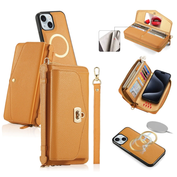 For iPhone 15 Plus MagSafe Crossbody Multi-functional Zipper Wallet Litchi Leather Phone Case(Orange) by bashfashion