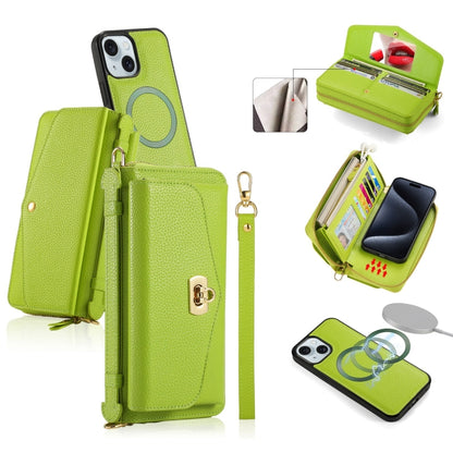 For iPhone 15 Plus MagSafe Crossbody Multi-functional Zipper Wallet Litchi Leather Phone Case(Green) by bashfashion
