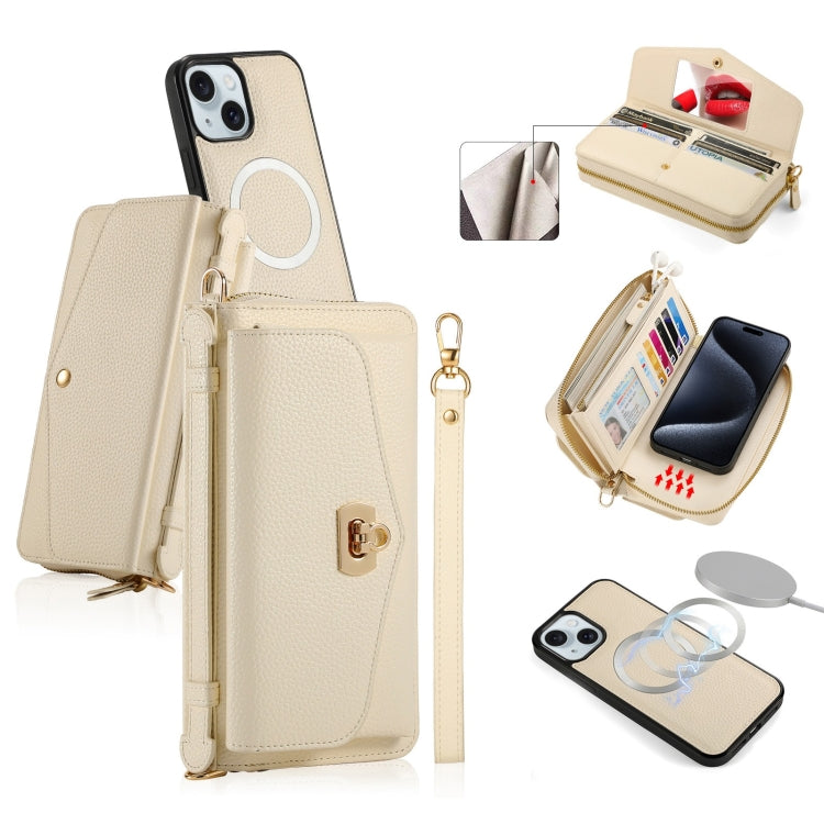 For iPhone 15 MagSafe Crossbody Multi-functional Zipper Wallet Litchi Leather Phone Case(White) by bashfashion