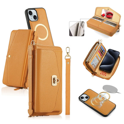 For iPhone 15 MagSafe Crossbody Multi-functional Zipper Wallet Litchi Leather Phone Case(Orange) by bashfashion