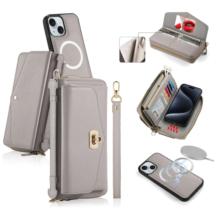 For iPhone 15 MagSafe Crossbody Multi-functional Zipper Wallet Litchi Leather Phone Case(Grey) by bashfashion