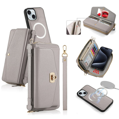 For iPhone 15 MagSafe Crossbody Multi-functional Zipper Wallet Litchi Leather Phone Case(Grey) by bashfashion