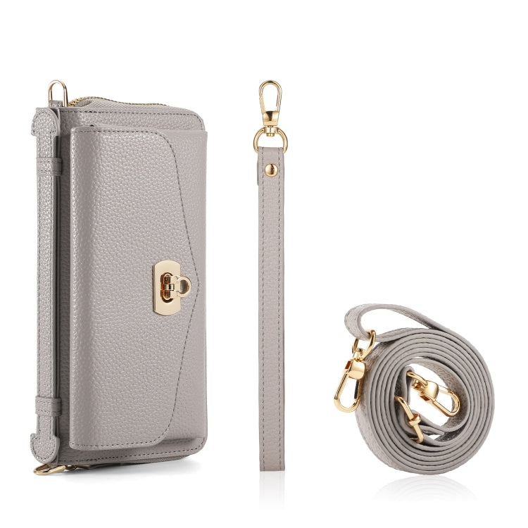 For iPhone 15 MagSafe Crossbody Multi-functional Zipper Wallet Litchi Leather Phone Case(Grey) by bashfashion