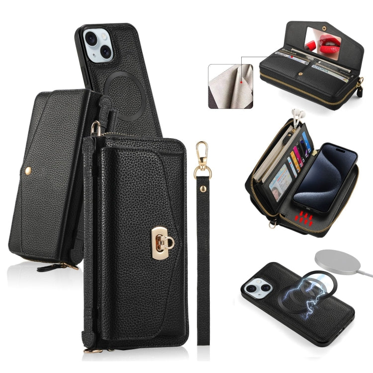 For iPhone 15 MagSafe Crossbody Multi-functional Zipper Wallet Litchi Leather Phone Case(Black) by bashfashion