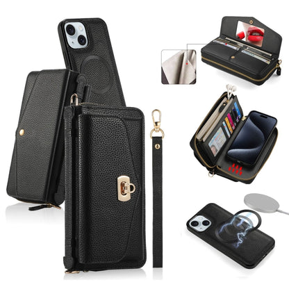 For iPhone 15 MagSafe Crossbody Multi-functional Zipper Wallet Litchi Leather Phone Case(Black) by bashfashion