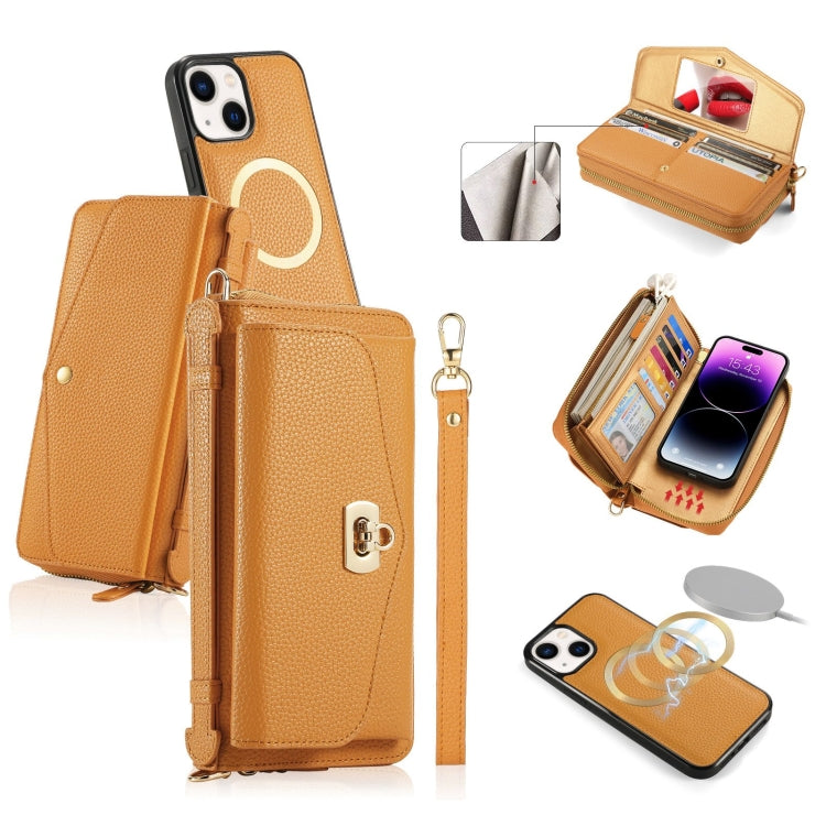 For iPhone 14 Plus MagSafe Crossbody Multi-functional Zipper Wallet Litchi Leather Phone Case(Orange) by bashfashion
