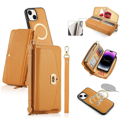 For iPhone 14 Plus MagSafe Crossbody Multi-functional Zipper Wallet Litchi Leather Phone Case(Orange) by bashfashion