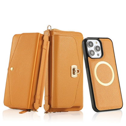 For iPhone 14 Plus MagSafe Crossbody Multi-functional Zipper Wallet Litchi Leather Phone Case(Orange) by bashfashion
