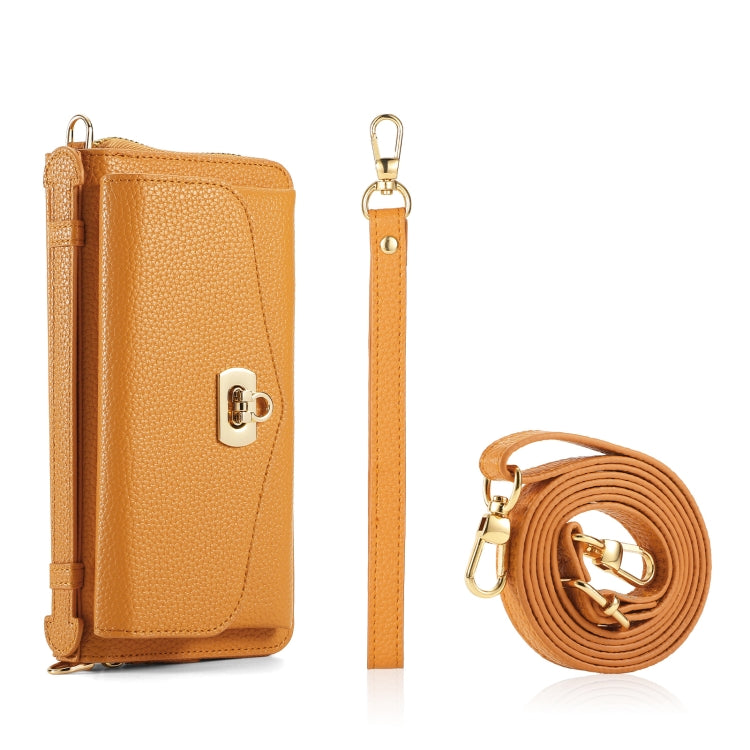 For iPhone 14 Plus MagSafe Crossbody Multi-functional Zipper Wallet Litchi Leather Phone Case(Orange) by bashfashion