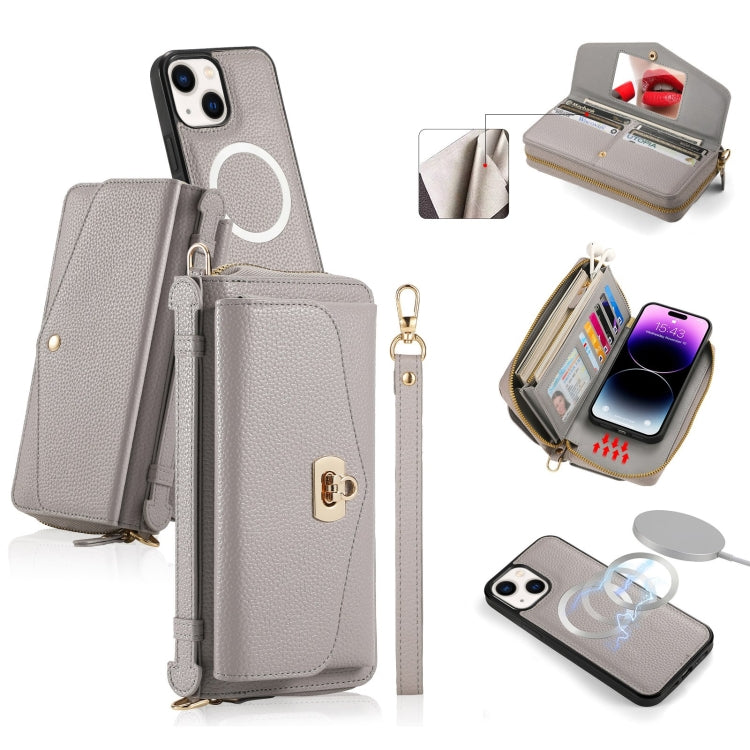 For iPhone 14 Plus MagSafe Crossbody Multi-functional Zipper Wallet Litchi Leather Phone Case(Grey) by bashfashion