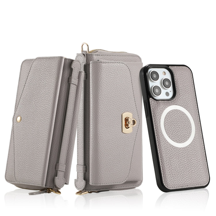 For iPhone 14 Plus MagSafe Crossbody Multi-functional Zipper Wallet Litchi Leather Phone Case(Grey) by bashfashion