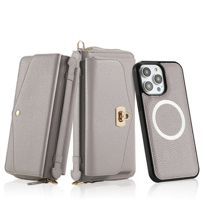 For iPhone 14 Plus MagSafe Crossbody Multi-functional Zipper Wallet Litchi Leather Phone Case(Grey) by bashfashion
