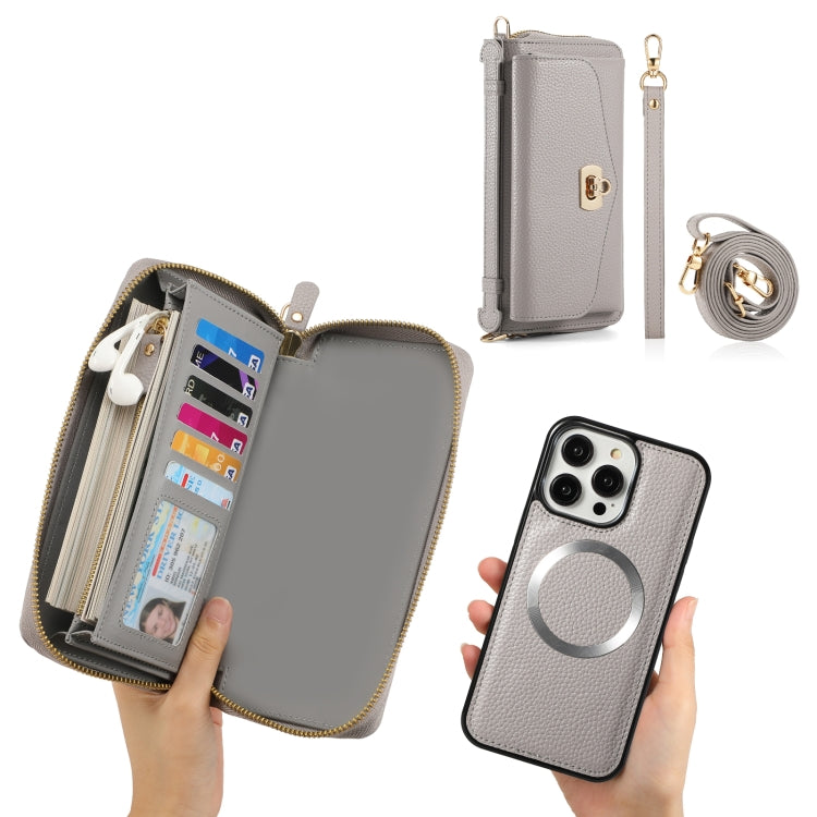 For iPhone 14 Plus MagSafe Crossbody Multi-functional Zipper Wallet Litchi Leather Phone Case(Grey) by bashfashion