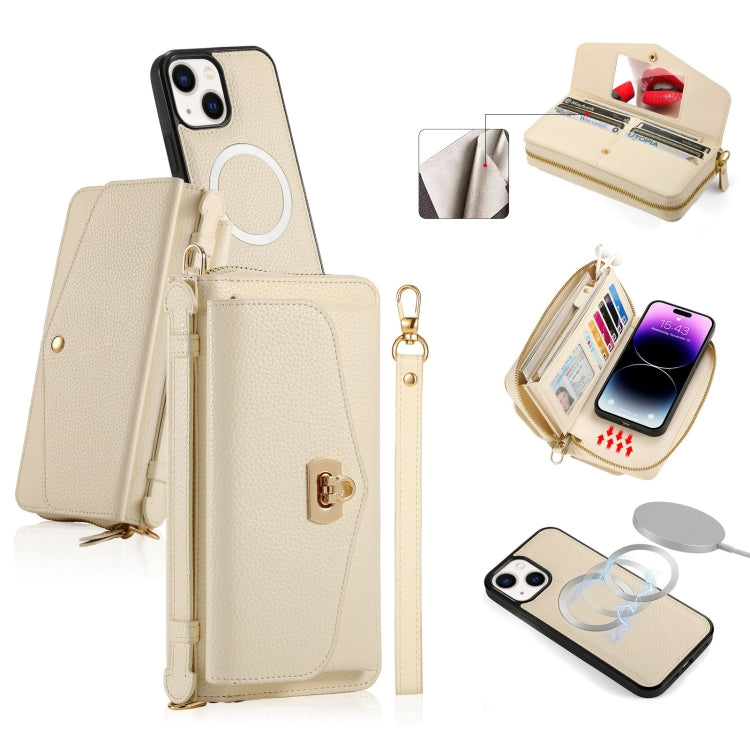 For iPhone 14 MagSafe Crossbody Multi-functional Zipper Wallet Litchi Leather Phone Case(White) by bashfashion