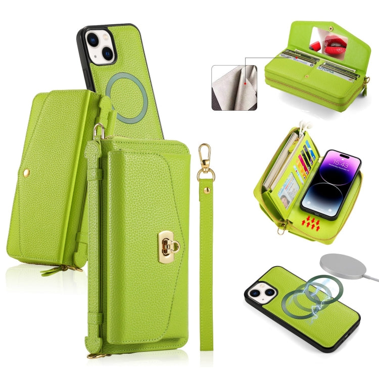 For iPhone 14 MagSafe Crossbody Multi-functional Zipper Wallet Litchi Leather Phone Case(Green) by bashfashion