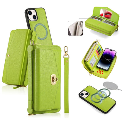 For iPhone 14 MagSafe Crossbody Multi-functional Zipper Wallet Litchi Leather Phone Case(Green) by bashfashion