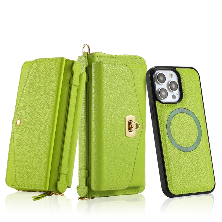 For iPhone 14 MagSafe Crossbody Multi-functional Zipper Wallet Litchi Leather Phone Case(Green) by bashfashion