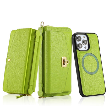 For iPhone 14 MagSafe Crossbody Multi-functional Zipper Wallet Litchi Leather Phone Case(Green) by bashfashion