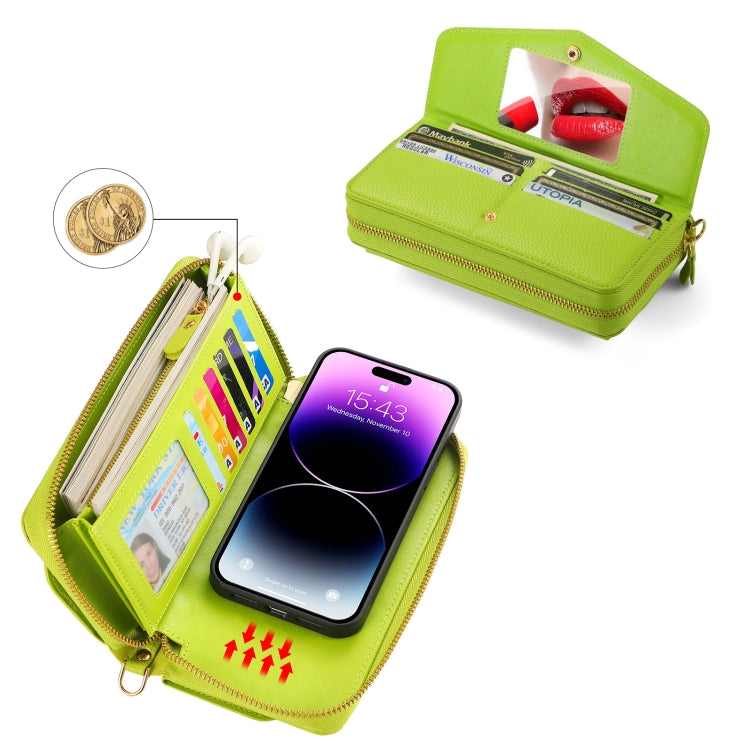 For iPhone 14 MagSafe Crossbody Multi-functional Zipper Wallet Litchi Leather Phone Case(Green) by bashfashion