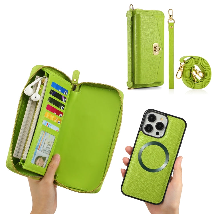For iPhone 14 MagSafe Crossbody Multi-functional Zipper Wallet Litchi Leather Phone Case(Green) by bashfashion