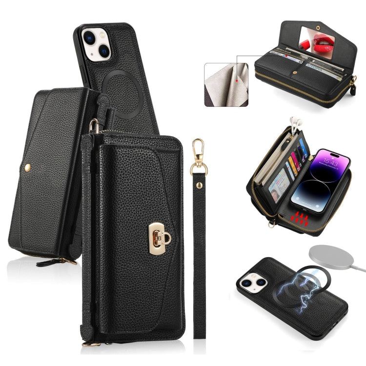 For iPhone 14 MagSafe Crossbody Multi-functional Zipper Wallet Litchi Leather Phone Case(Black) by bashfashion