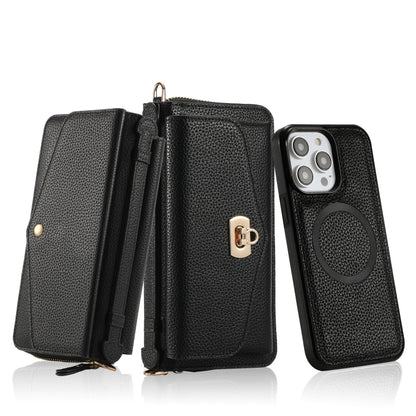 For iPhone 14 MagSafe Crossbody Multi-functional Zipper Wallet Litchi Leather Phone Case(Black) by bashfashion