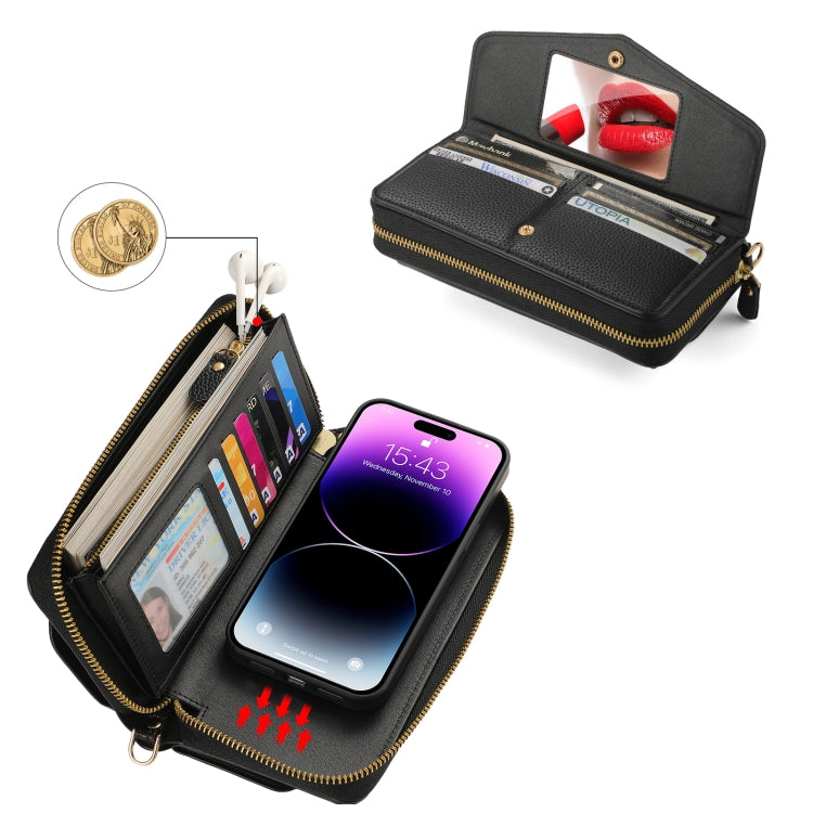For iPhone 14 MagSafe Crossbody Multi-functional Zipper Wallet Litchi Leather Phone Case(Black) by bashfashion
