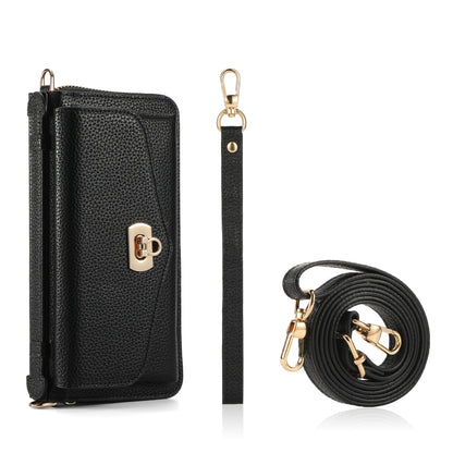 For iPhone 14 MagSafe Crossbody Multi-functional Zipper Wallet Litchi Leather Phone Case(Black) by bashfashion