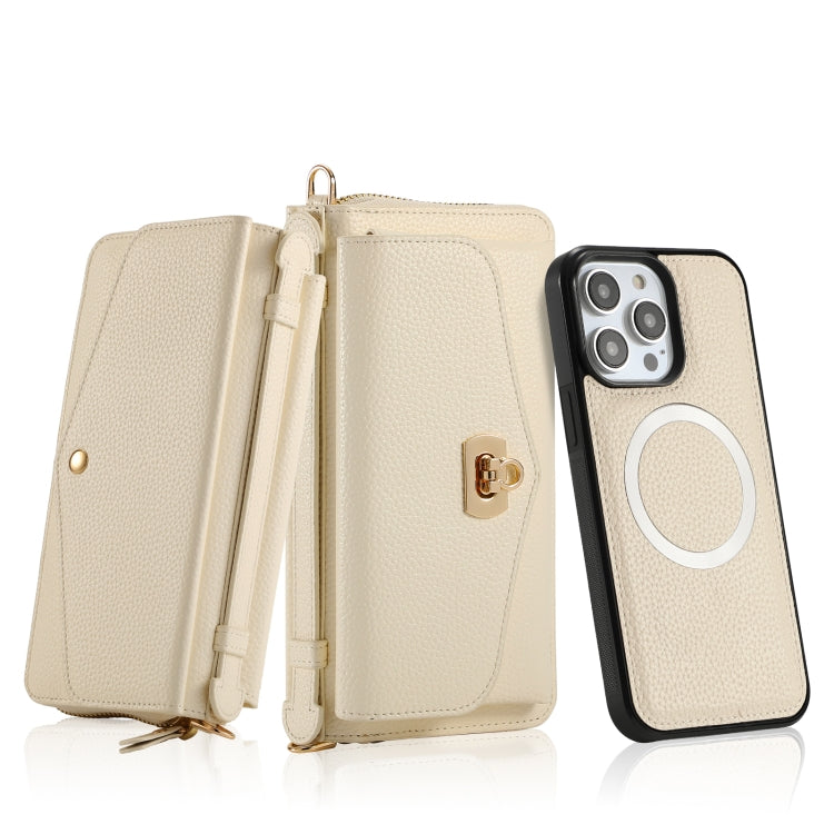 For iPhone 14 Pro MagSafe Crossbody Multi-functional Zipper Wallet Litchi Leather Phone Case(White) by bashfashion