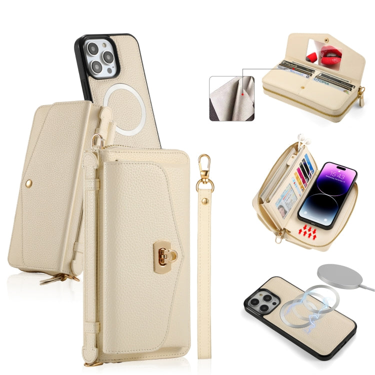 For iPhone 14 Pro Max MagSafe Crossbody Multi-functional Zipper Wallet Litchi Leather Phone Case(White) by bashfashion