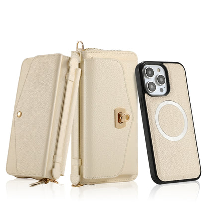 For iPhone 14 Pro Max MagSafe Crossbody Multi-functional Zipper Wallet Litchi Leather Phone Case(White) by bashfashion