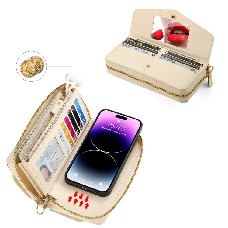 For iPhone 14 Pro Max MagSafe Crossbody Multi-functional Zipper Wallet Litchi Leather Phone Case(White) by bashfashion