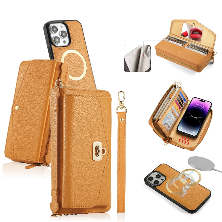 For iPhone 14 Pro Max MagSafe Crossbody Multi-functional Zipper Wallet Litchi Leather Phone Case(Orange) by bashfashion