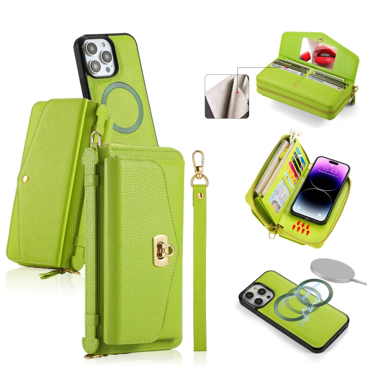 For iPhone 14 Pro Max MagSafe Crossbody Multi-functional Zipper Wallet Litchi Leather Phone Case(Green) by bashfashion
