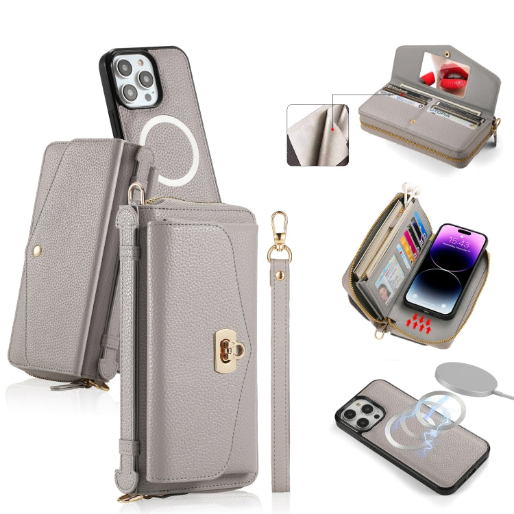 For iPhone 14 Pro Max MagSafe Crossbody Multi-functional Zipper Wallet Litchi Leather Phone Case(Grey) by bashfashion