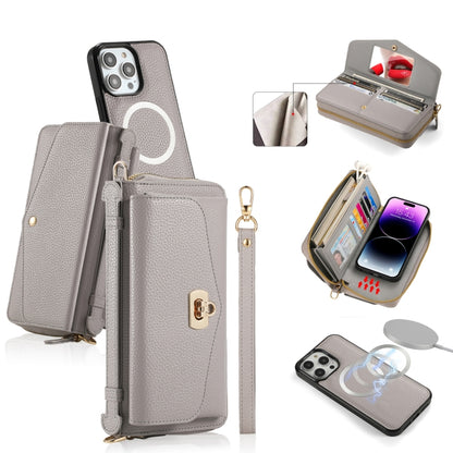 For iPhone 14 Pro Max MagSafe Crossbody Multi-functional Zipper Wallet Litchi Leather Phone Case(Grey) by bashfashion