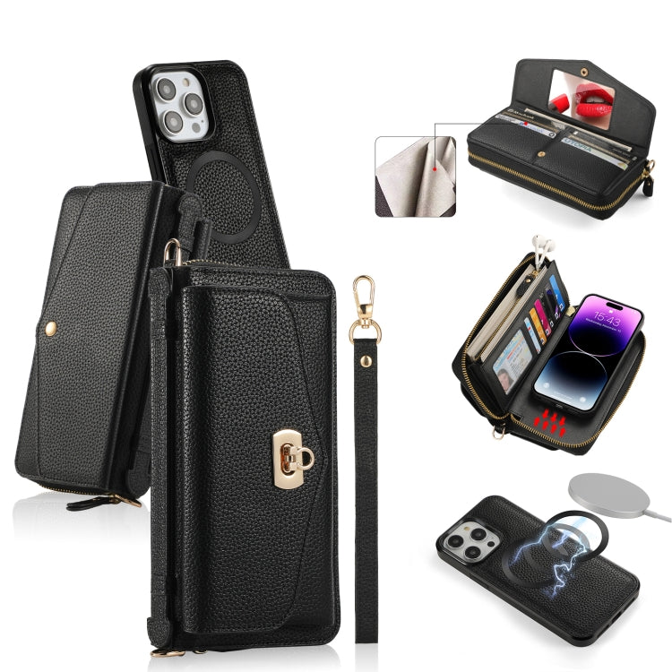 For iPhone 14 Pro Max MagSafe Crossbody Multi-functional Zipper Wallet Litchi Leather Phone Case(Black) by bashfashion