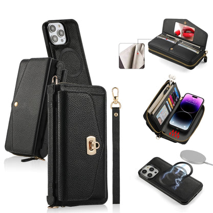 For iPhone 14 Pro Max MagSafe Crossbody Multi-functional Zipper Wallet Litchi Leather Phone Case(Black) by bashfashion