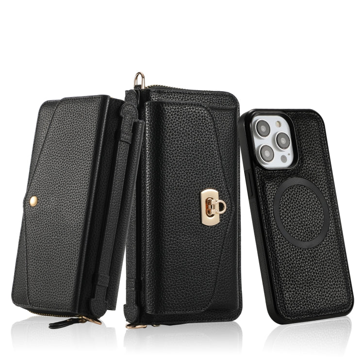 For iPhone 14 Pro Max MagSafe Crossbody Multi-functional Zipper Wallet Litchi Leather Phone Case(Black) by bashfashion