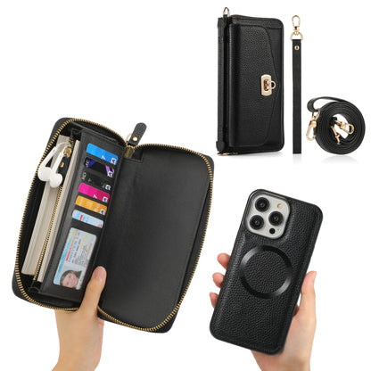 For iPhone 14 Pro Max MagSafe Crossbody Multi-functional Zipper Wallet Litchi Leather Phone Case(Black) by bashfashion