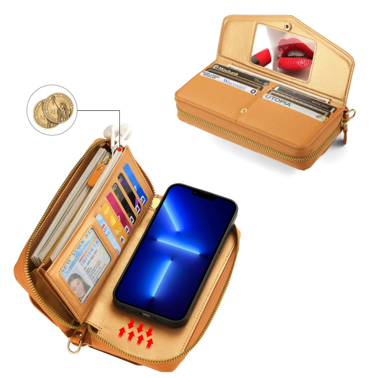 For iPhone 13 Pro Max MagSafe Crossbody Multi-functional Zipper Wallet Litchi Leather Phone Case(Orange) by bashfashion