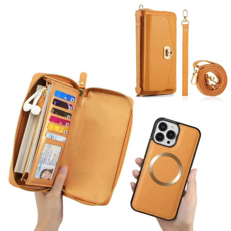 For iPhone 13 Pro Max MagSafe Crossbody Multi-functional Zipper Wallet Litchi Leather Phone Case(Orange) by bashfashion