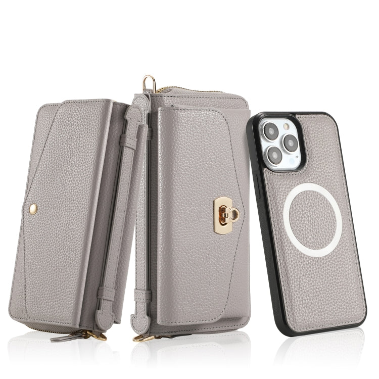 For iPhone 13 Pro Max MagSafe Crossbody Multi-functional Zipper Wallet Litchi Leather Phone Case(Grey) by bashfashion