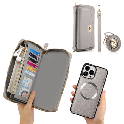 For iPhone 13 Pro Max MagSafe Crossbody Multi-functional Zipper Wallet Litchi Leather Phone Case(Grey) by bashfashion