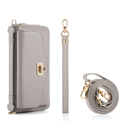 For iPhone 13 Pro Max MagSafe Crossbody Multi-functional Zipper Wallet Litchi Leather Phone Case(Grey) by bashfashion