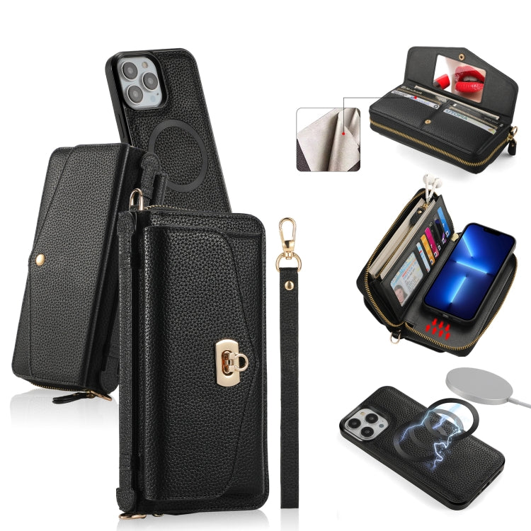 For iPhone 13 Pro Max MagSafe Crossbody Multi-functional Zipper Wallet Litchi Leather Phone Case(Black) by bashfashion