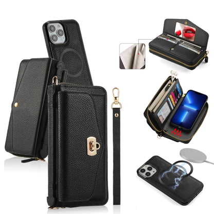 For iPhone 13 Pro Max MagSafe Crossbody Multi-functional Zipper Wallet Litchi Leather Phone Case(Black) by bashfashion